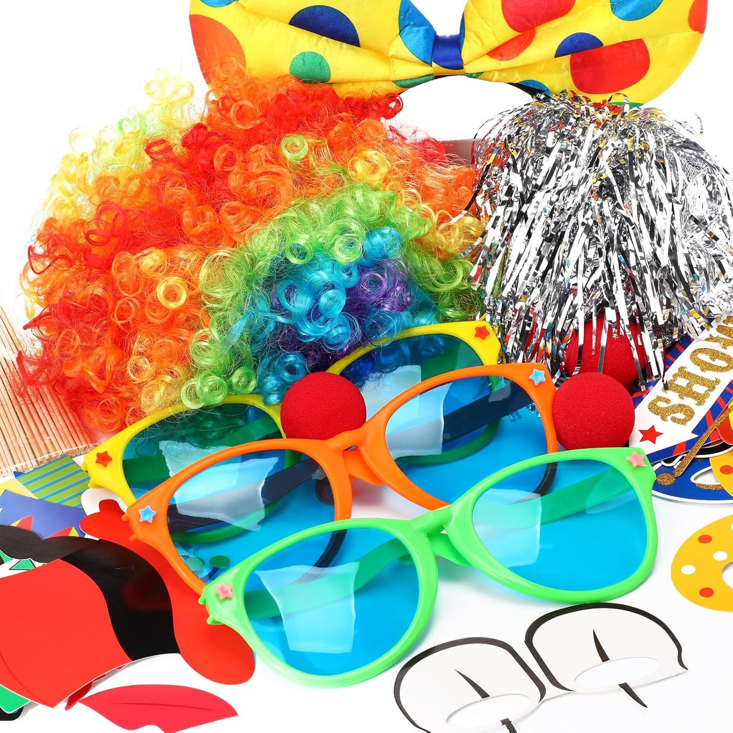 XunYee 57 Pcs Carnival Party Decoration Include Circus Photo Booth Props Clown Wig Silver Wig Clown Headband Clown Nose Funny Plastic Glass Clown Accessory Kit Party Supplies Carnival Birthday Party