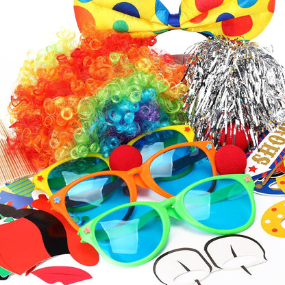 XunYee 57 Pcs Carnival Party Decoration Include Circus Photo Booth Props Clown Wig Silver Wig Clown Headband Clown Nose Funny Plastic Glass Clown Accessory Kit Party Supplies Carnival Birthday Party