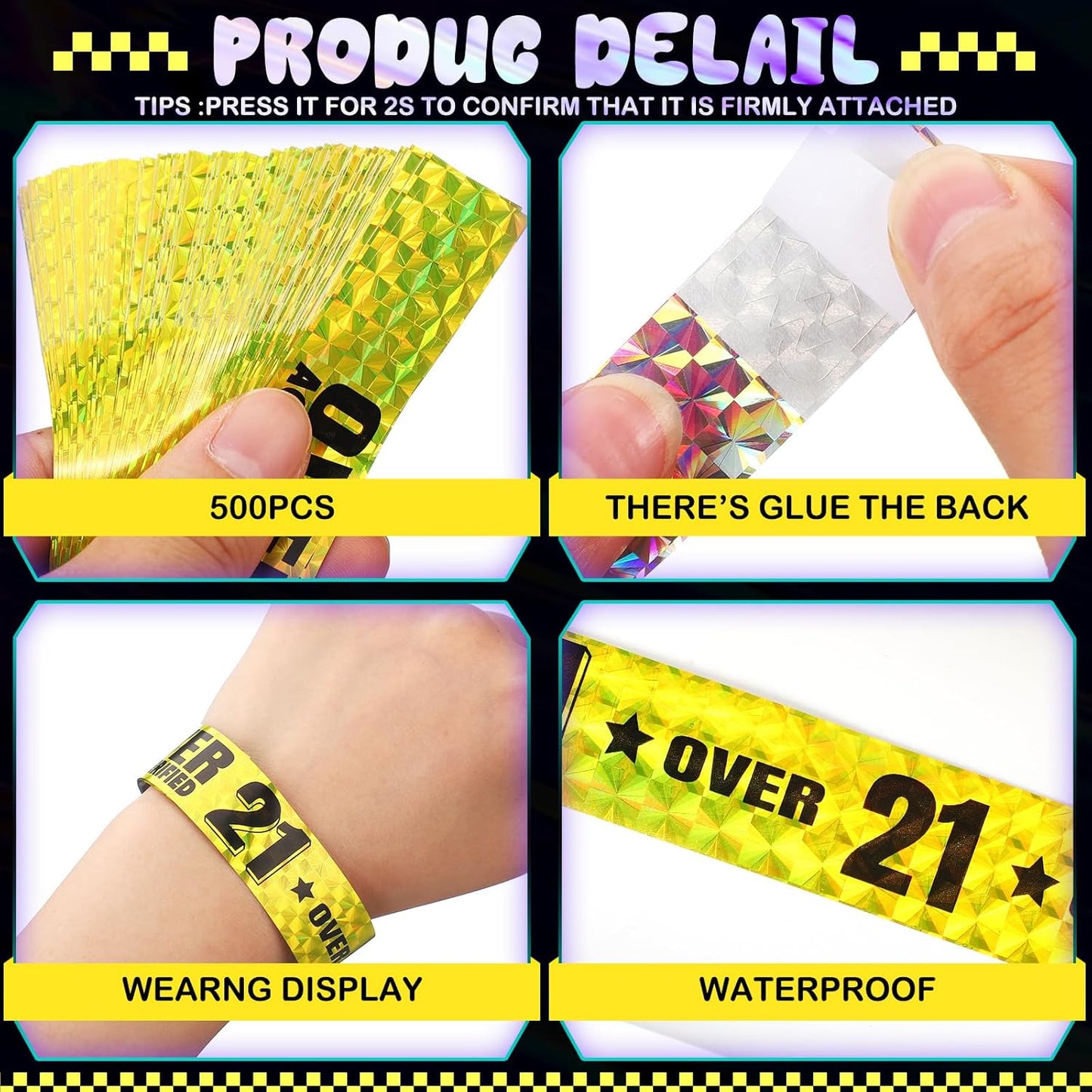 Ferraycle Over 21 Wristbands Holographic Events Wristbands Plastic Party Bracelets Waterproof Bracelets Arm Bands for Events Concerts