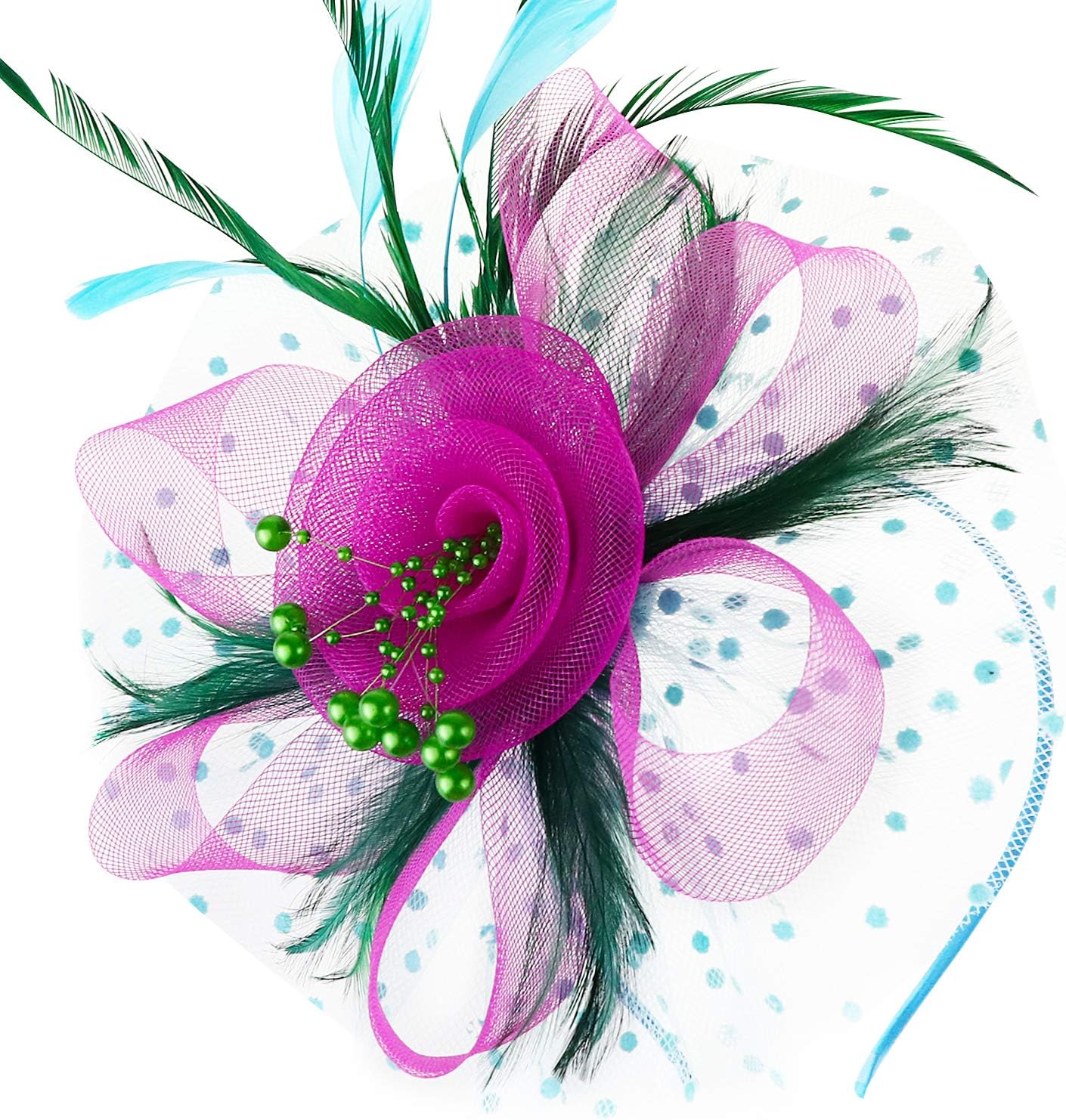 DRESHOW Fascinators Hat Flower Mesh Ribbons Feathers on a Headband and a Clip Tea Party Headwear for Girls and Women - Colors B