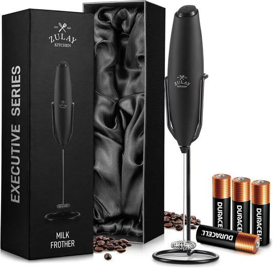 Zulay Kitchen Powerful Milk Frother Wand With Duracell Batteries - Ultra Fast Handheld Drink Mixer - Electric Whisk Foam Maker for Coffee, Lattes, Cappuccino & Matcha - Z1 Motor - Black - Colors A