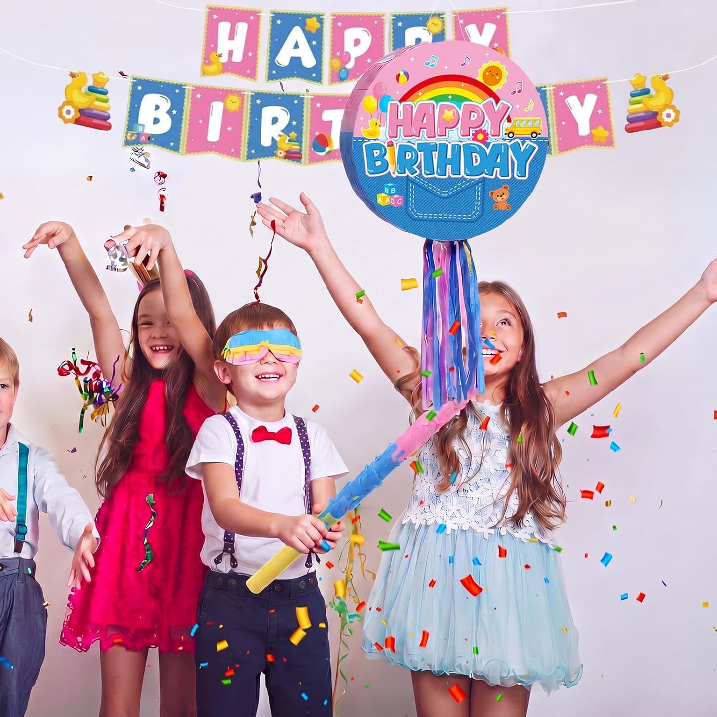 Jexine Birthday Block Piñata Set Birthday Building Piñata with Blindfold, Bat, Stick Blocks Party Supplies for Carnival Fiesta Party Supplies Event Decoration