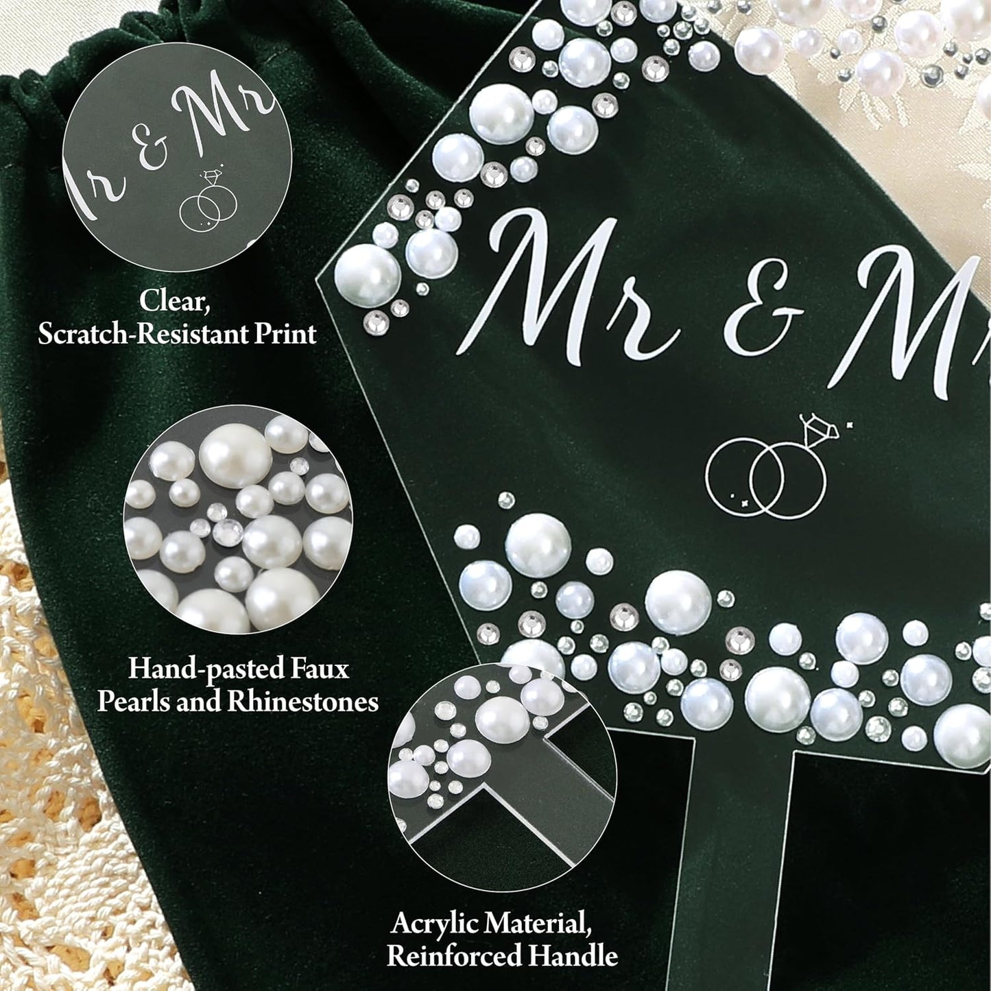 Coucoland Mr and Mrs Cake Topper - Heart Wedding Cake Decor with Rhinestones and Pearls for Engagement Bridal Anniversary