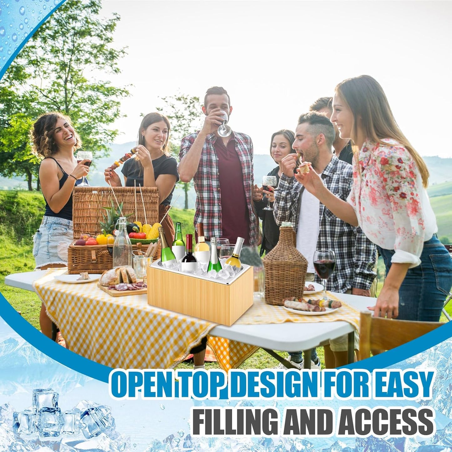 Ice Housing Bin with Removable Tray Ice Holder Container Wine Beer Champagne Drink Bucket Beverage Tub for Freezer Display Buffet Bar Counter Party Drink Chiller(Bamboo and Steel,21" X 13" X 5.5")