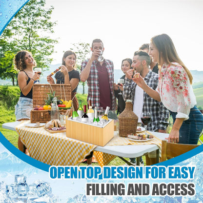 Ice Housing Bin with Removable Tray Ice Holder Container Wine Beer Champagne Drink Bucket Beverage Tub for Freezer Display Buffet Bar Counter Party Drink Chiller(Bamboo and Steel,21" X 13" X 5.5")