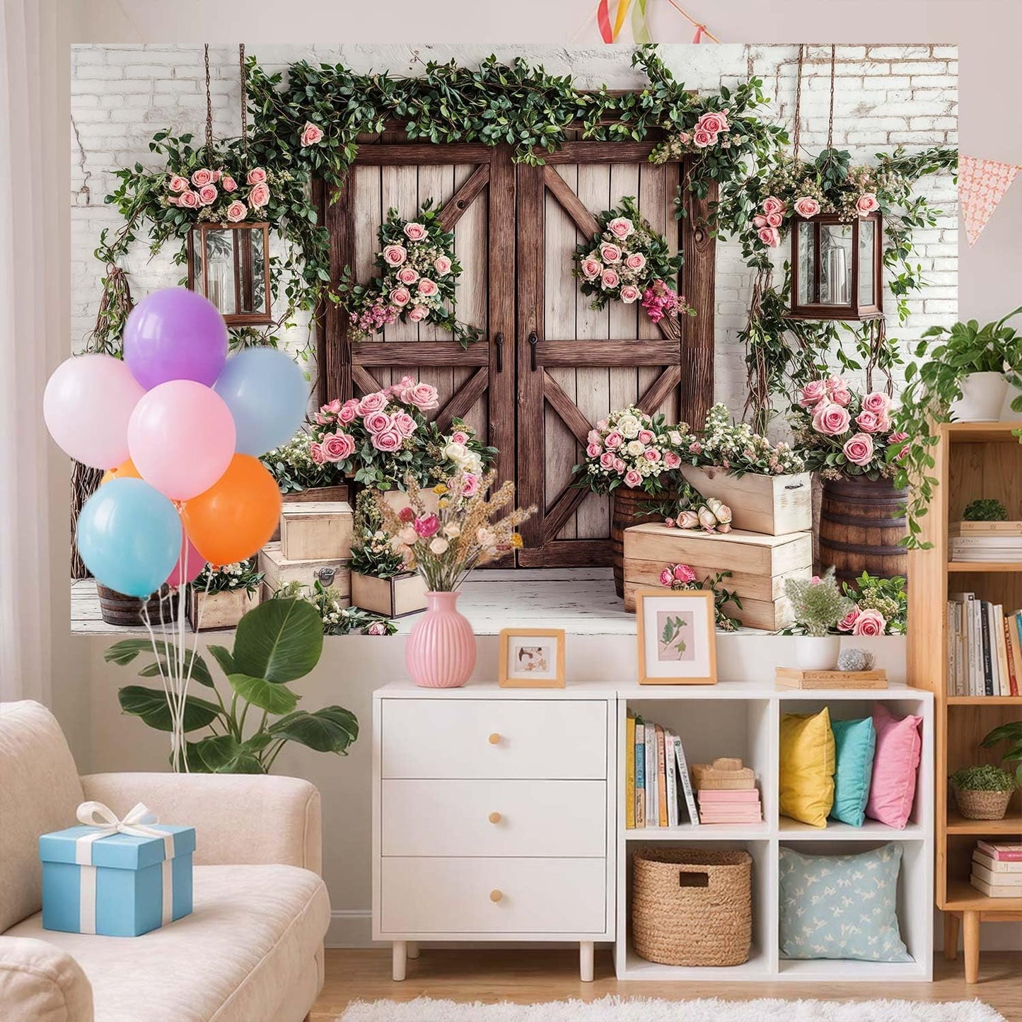 10x8ft Country Wedding Photography Backdrop Rustic Barn Door Photography Backdrop Farmhouse Pink Flower Cabin Wooden Birthday Baby Shower Wedding Bridal Party Banner Photo Booth Props Background