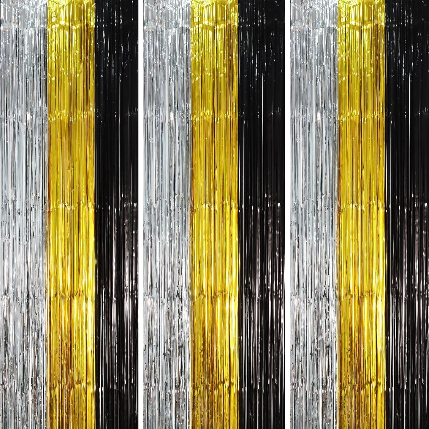 Voircoloria 3 Pack 3.3x8.2 Feet Gold Foil Fringe Backdrop Curtains, Tinsel Streamers, Fringe Backdrop for 2025 New Years Eve, Graduation, Birthday, Baby Shower, Gender Reveal, Disco Party - Colors A