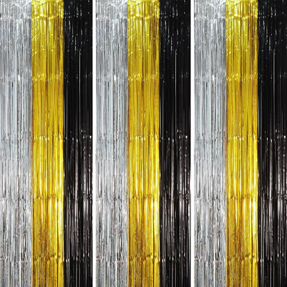 Voircoloria 3 Pack 3.3x8.2 Feet Gold Foil Fringe Backdrop Curtains, Tinsel Streamers, Fringe Backdrop for 2025 New Years Eve, Graduation, Birthday, Baby Shower, Gender Reveal, Disco Party - Colors A