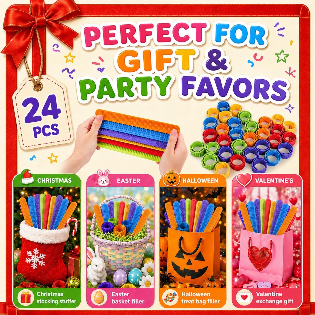 24 Pcs Fidget Toys for Kids Bulk: Sensory Silicone Slap Bracelets, Quiet Travel Toys for Car Rides & Airplanes, Classroom Rewards, Summer Camp Prizes, Party Favors & Goodie Bag Stuffers