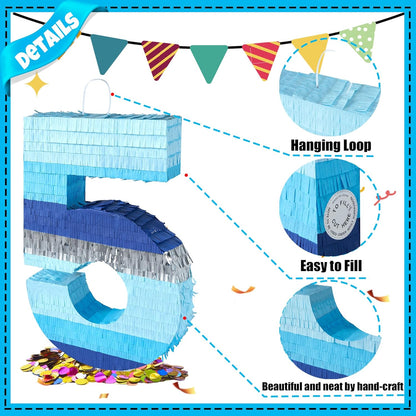 PCFING 20 Inch Number 3 Piñata Blue Silver with 30 Inch Piñata Stick Blindfold Confetti for Boys Girls Adults Birthday Party Decorations, Anniversary Celebration, Fiesta