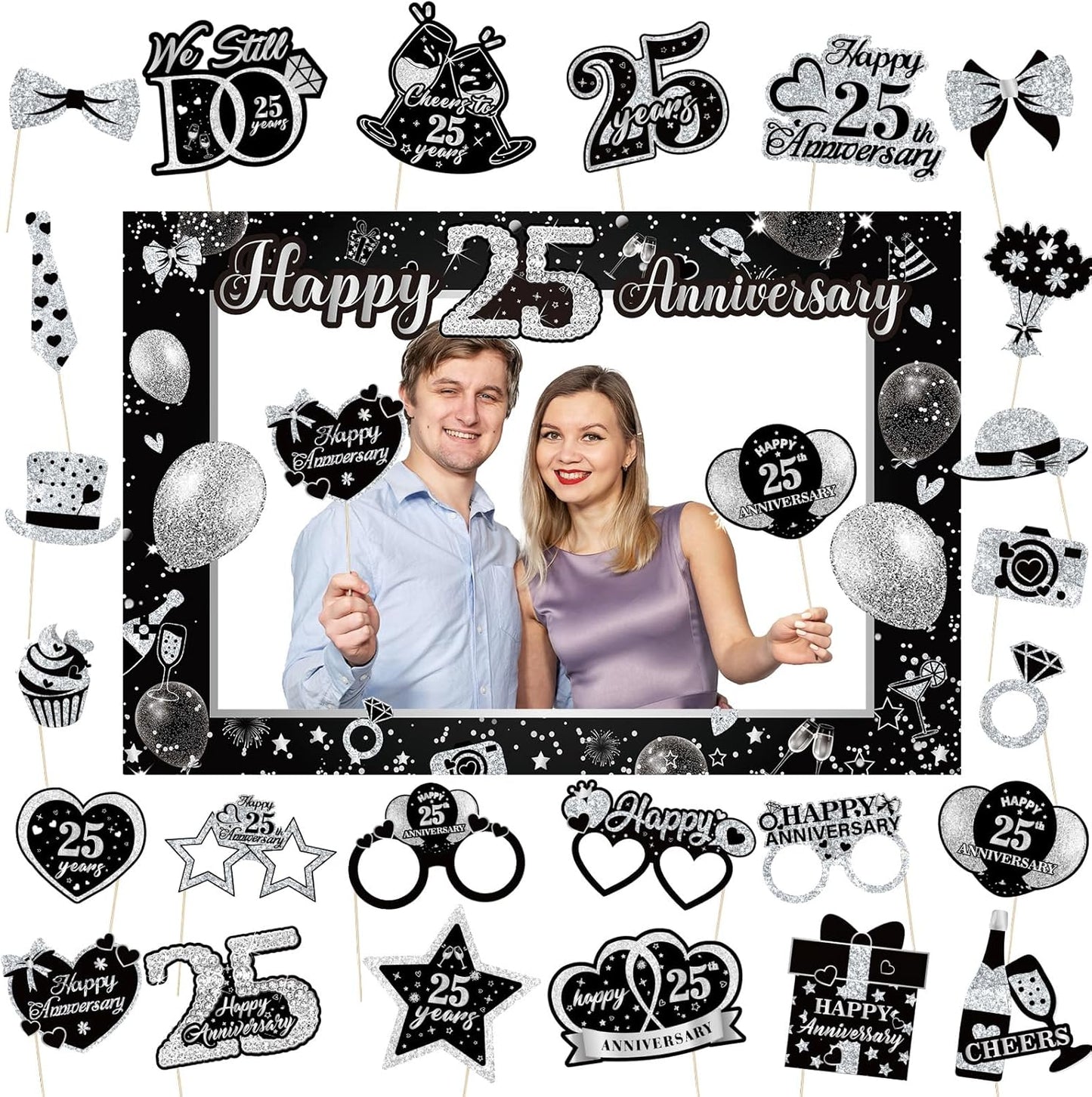 50th Wedding Anniversary Decorations Black Gold 50th Wedding Anniversary Party Photo Booth Props and Selfie Frame Silver Happy 50 Years Anniversaries Party Supplies for Women Men Cheers to 50 Years