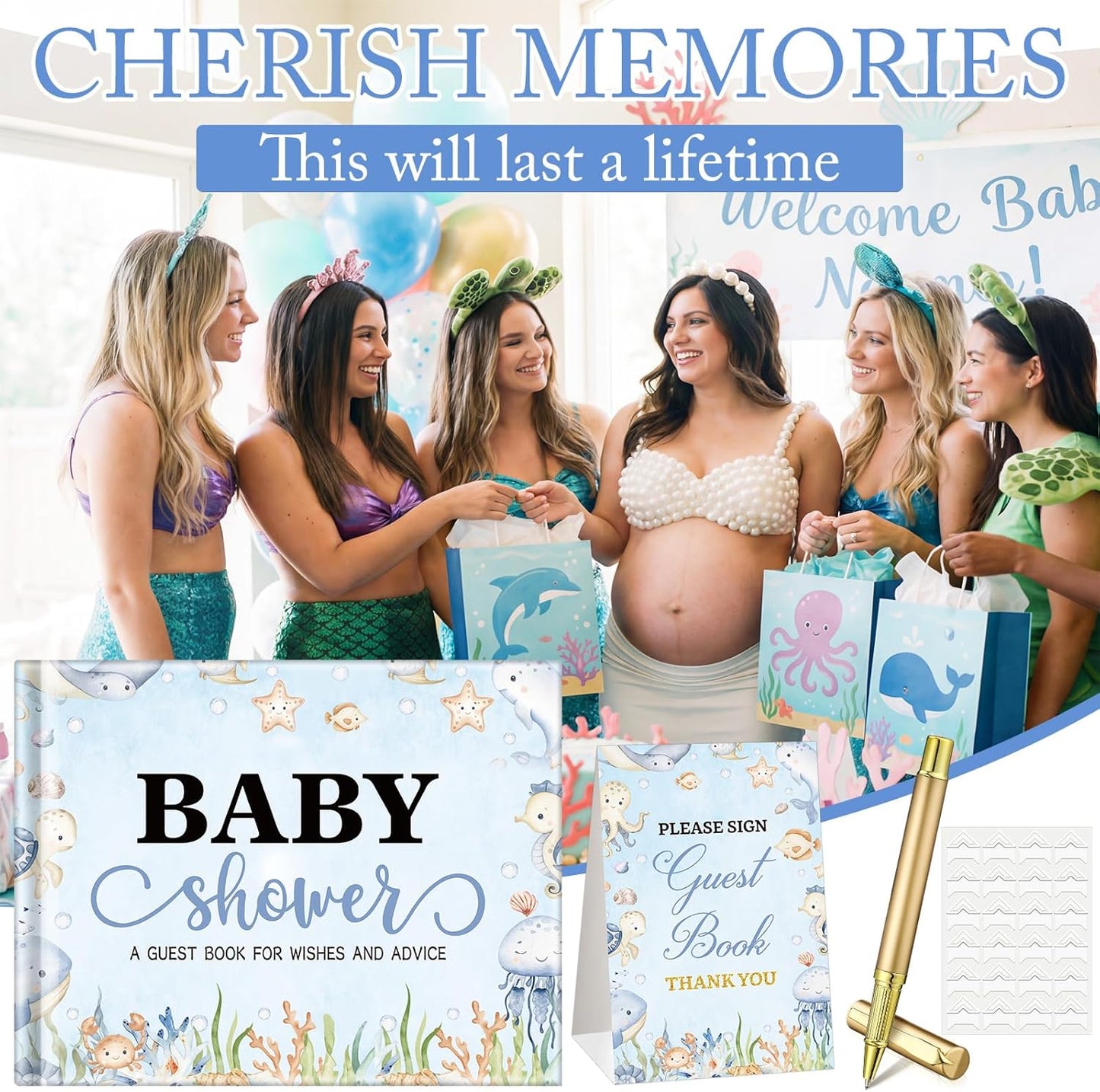 Fuyoooo 27 Pcs Safari Animal Baby Shower Guest Book Set Baby Shower Sign in Guest Floral Book Place Table Cards with Gold Pen Adhesive Photo Corner for Birthday Party
