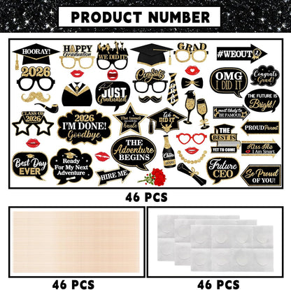 46Pcs Blue Gold Graduation Photo Booth Props 2026 Graduation Decorations with Sticks Class of 2026 Grad Party Favors Supplies for High School & College