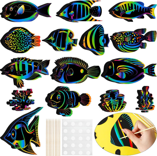 Liliful 60 Pcs Tropical Fish Scratch Cards Ocean Scratch Crafts for Adult Under the Sea Party Favors for Woman DIY Crafts Home Decoration Project Rainbow Arts, 15 Styles