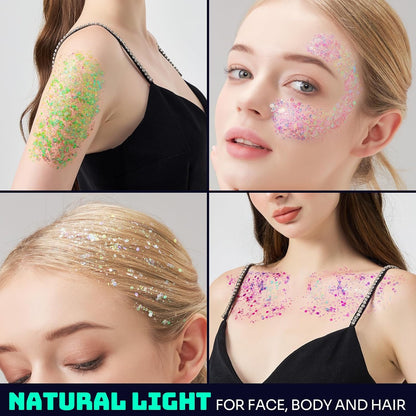 Teenitor 6 Colors Glow in The Dark Glitter Gel, Face Glitter Gel, Body Glitter Hair Glitter for Carnival Makeup UV Black Light Party Cheer Raves Festivals