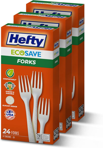 Hefty ECOSAVE Compostable Assorted Cutlery Set, Utensils for BBQs, Tailgates, Camping, Parties, and More, Includes 8 Forks, 8 Spoons, and 8 Knives, Compostable, Sustainable Design, 24 Count