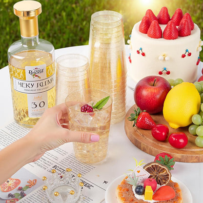 supernal 100pcs Gold Plastic Cups 12 oz, Glitter Clear Disposable Cups Heavy Duty, Fancy Plastic Cocktail Tumblers for Wedding, Parties Champagne & Mixed Drinks