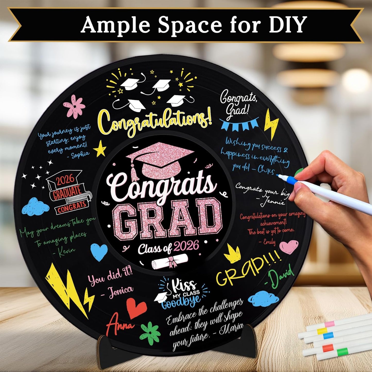 2026 Graduation Party Vinyl Record Alternative Guest Book, Black and Rosegold Class of 2026 Congrats Grad Graduation Decorations Signature Guest Book