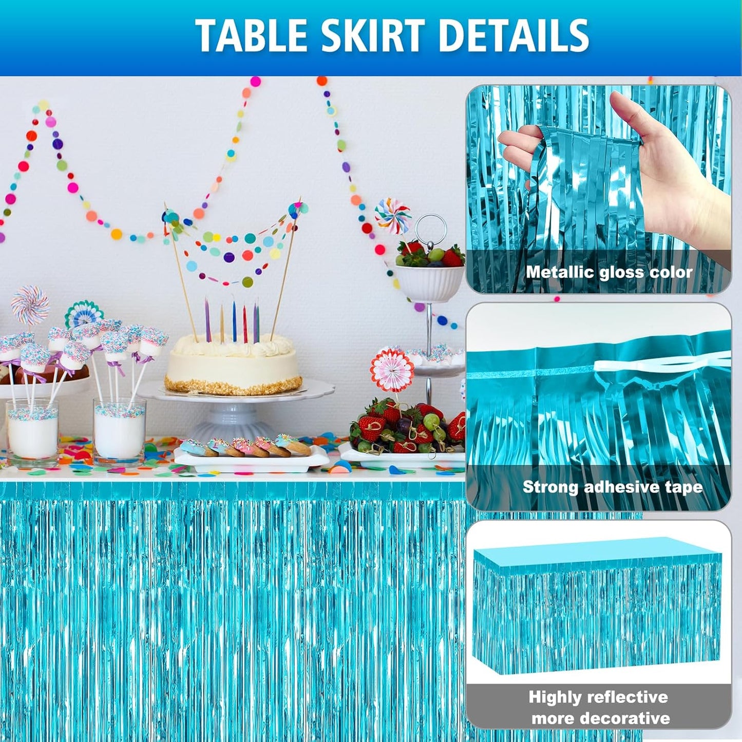 2 Pack 29.5x108 Inch Silver Foil Tinsel Fringe Table Skirts, Disposable Table Skirts for Rectangle Tables Curtains Backdrop Parade Wedding Floats Baby Shower Birthday Mardi Gras Party