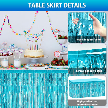 2 Pack 29.5x108 Inch Silver Foil Tinsel Fringe Table Skirts, Disposable Table Skirts for Rectangle Tables Curtains Backdrop Parade Wedding Floats Baby Shower Birthday Mardi Gras Party