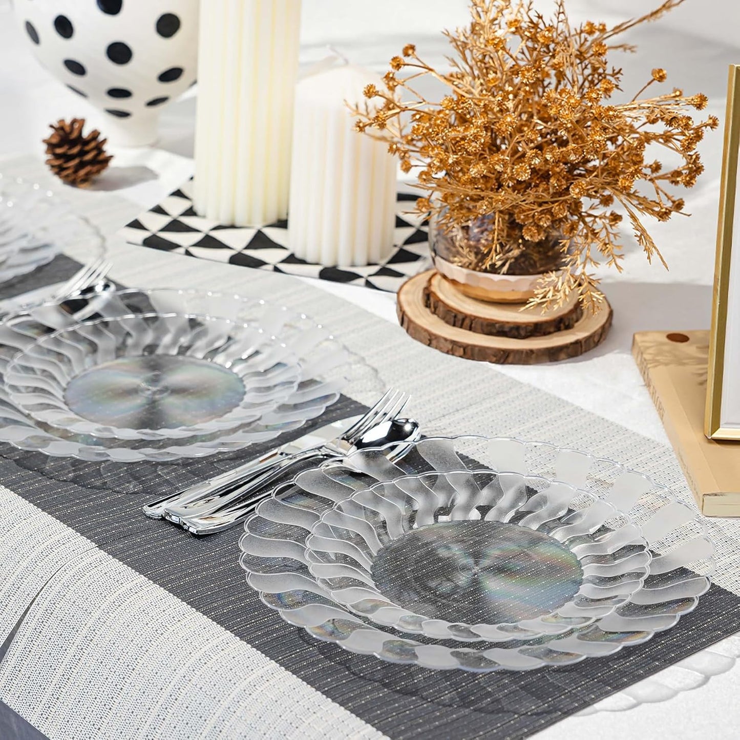 Lullaby 60PCS Ivory Scalloped Plastic Plates with Gold Rim, Disposable Elegant Plates Include 30pcs Dinner Plate 10.25", 30pcs Plastic Dessert Plate 7.5", Perfect for Wedding and Party