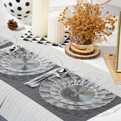 Lullaby 60PCS Ivory Scalloped Plastic Plates with Gold Rim, Disposable Elegant Plates Include 30pcs Dinner Plate 10.25", 30pcs Plastic Dessert Plate 7.5", Perfect for Wedding and Party