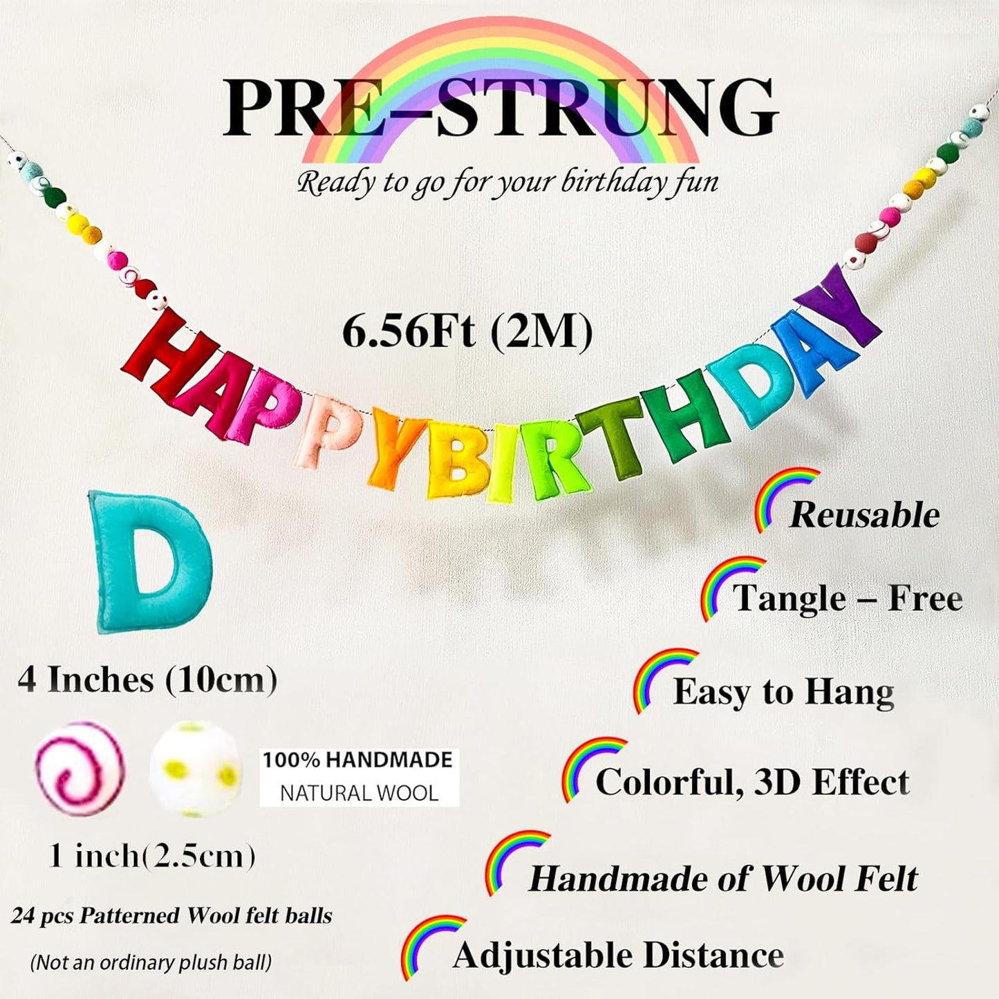 Pre-Strung Happy Birthday Banner - Felt Ball Garland - Reusable HAPPY BIRTHDAY Garland, Rainbow Party Decorations, Personalized Holiday Sign for Party Decor, Kids Room Decor, Photo Prop (Rainbow)