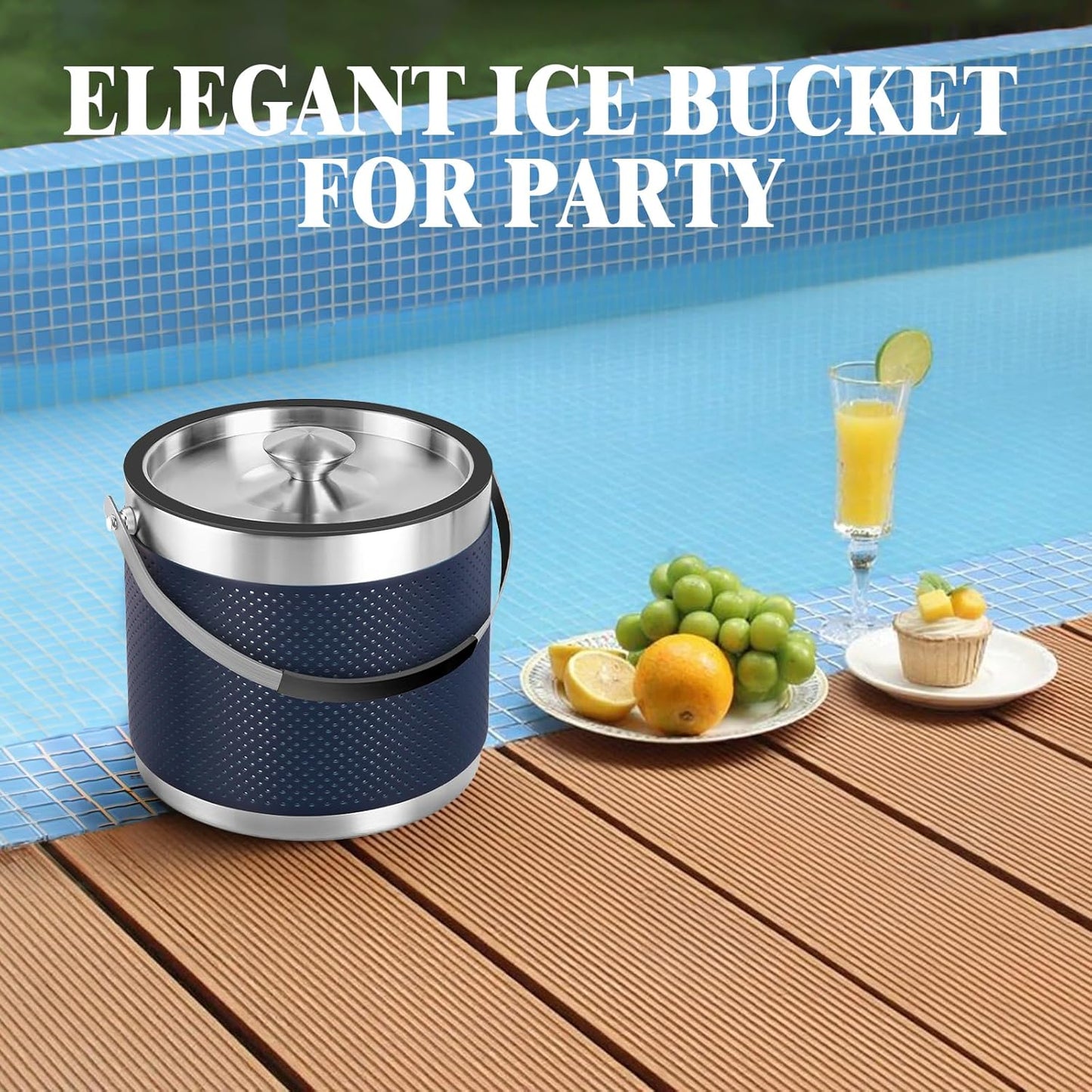 3.4Quart/3.2L Insulated Stainless Steel Ice Bucket with Lid, Scoop, Leather Design Double Wall Wine Bucket for Cocktail Bar, Parties (Dark Blue)