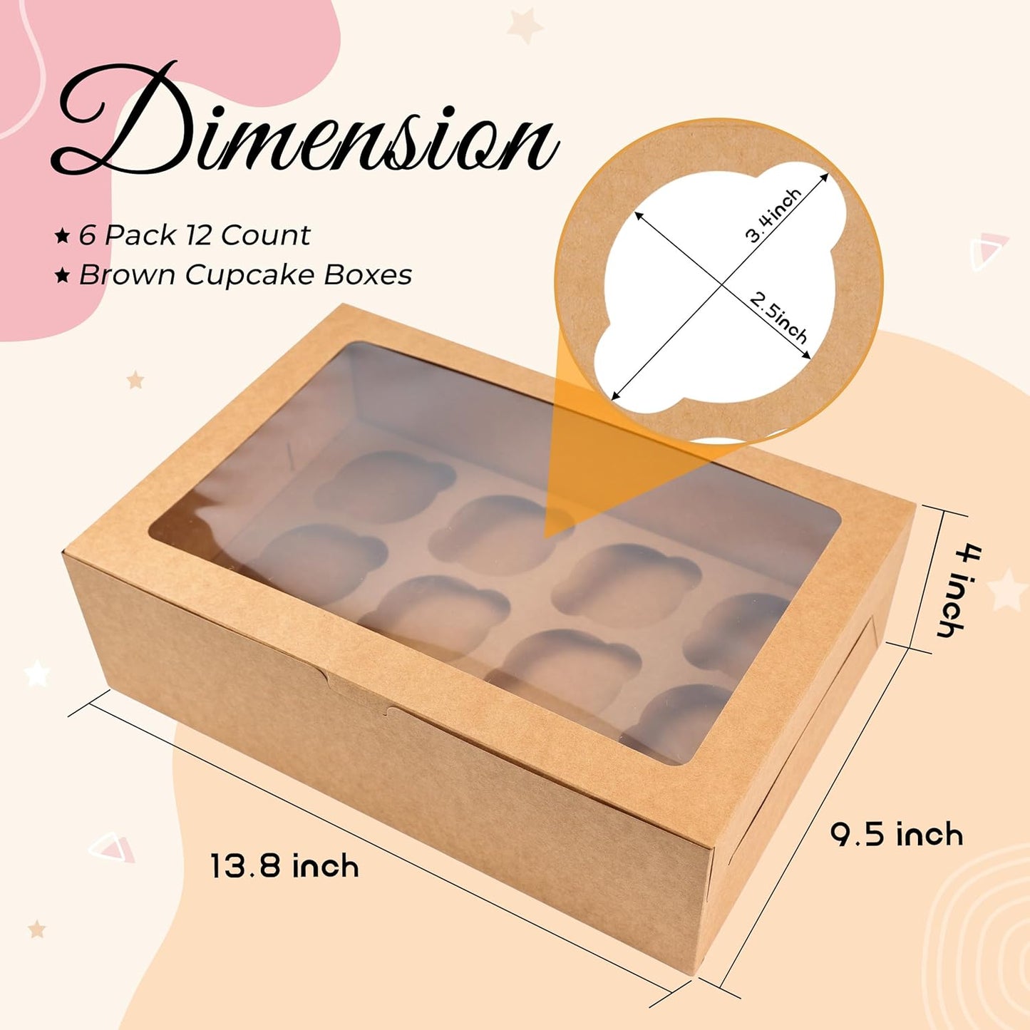 NPLUX 6 Pack Cupcake Boxes, 12 Count Cupcake Containers with Window and Cardborad, Food Grade Cupcake Carrier For Muffins Cupcakes Desserts (White 13.8×9.5×4 In)