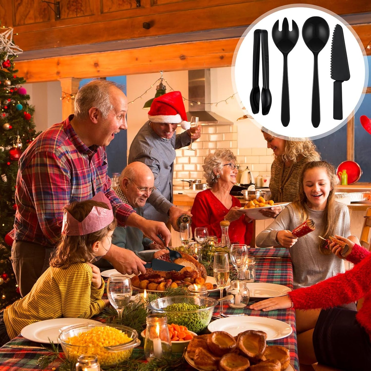 40 Set Disposable Plastic Serving Utensils Include10 Pcs 6.3" Serving Tongs 10 Spoons 10 Forks 10 Knives for Buffets Food Home Weddings Family Gathering Birthday Party Supplies(Black)