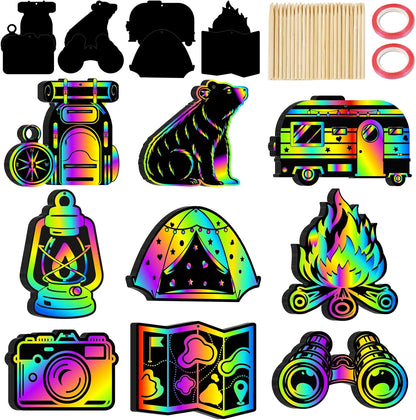 90shine 90Sets Camping Crafts Black Scratch Magic Crafts Art Kit Camp Fun Classroom Preschool Activities Party Favors