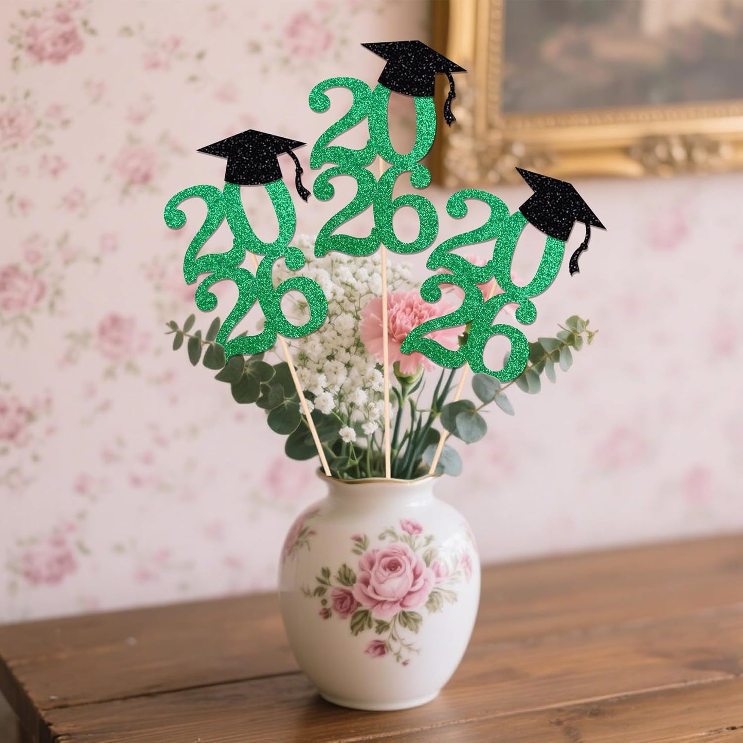Class of 2026 Graduation Centerpieces, 10 Pcs Gold Glitter 2026 Centerpieces with Graduation Cap, Congrats Grad Party Decorations for Cake, Dessert & Centerpieces