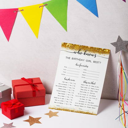 Gold Glitter Birthday Party Game Cards Set, Ever or Never, for Girl Birthdays Supplies, Activity Decorations Double Sided Set of 30 Pcs