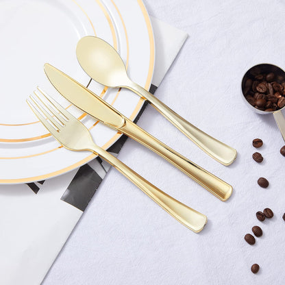 N9R 60PCS Gold Plastic Silverware - Gold Plastic Cutlery Set Disposable Flatware Dinnerware -30 Forks, 15 Spoons, 15 Knives for Party, Thanksgiving, Christmas