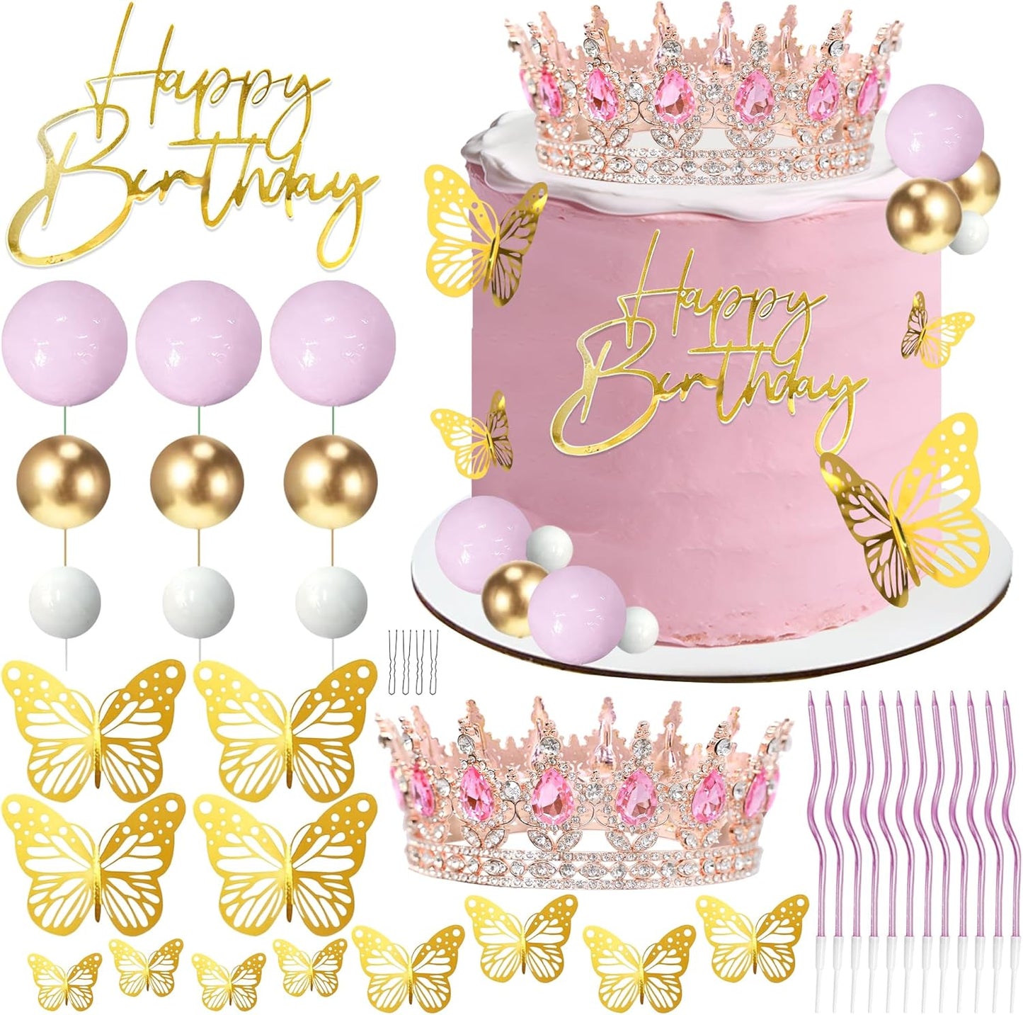 Crown Cake Topper, Balls Happy Birthday Cake Topper Pink Crown Birthday Candles Gold Butterflies, Corona Para Pastel, Cake Decorations for Birthday Wedding (Gold, Pink)