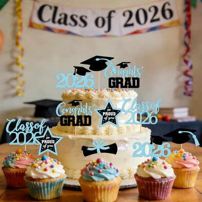 48 PCS Graduation Cupcake Toppers, Glittery 6 Styles Congrats Grad Cake Topper, Black and Red Graduation Decorations 2026, Cap and Diploma Cake Picks for Grad Party Supplies