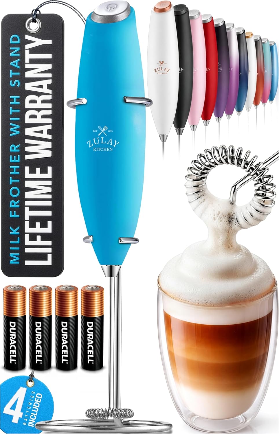 Zulay Kitchen Powerful Milk Frother Wand With Duracell Batteries - Ultra Fast Handheld Drink Mixer - Electric Whisk Foam Maker for Coffee, Lattes, Cappuccino & Matcha - Z1 Motor - Black - Colors D