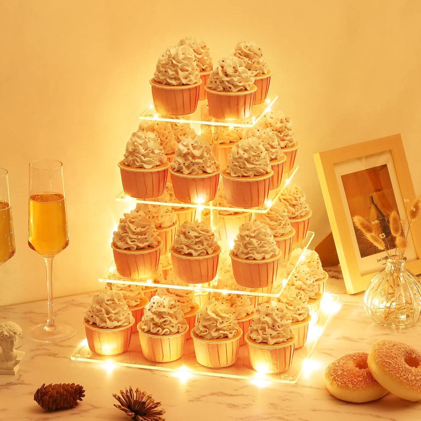 Suneerplay 4 Tier Cupcake Stand with LED String Light, Acrylic Cupcake Display Stand, Square Cupcake Tower Holder, Cup Cake Stand for Birthday, Wedding, Baby Shower, Party