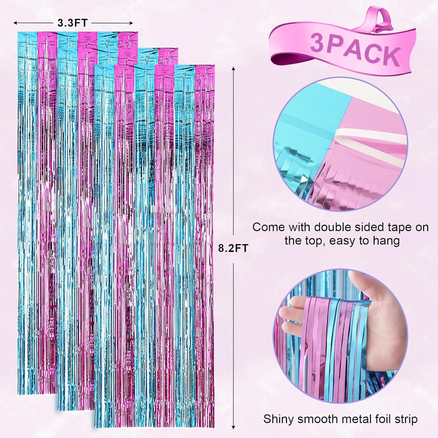 Voircoloria 3 Pack 3.3x8.2 Feet Gold Foil Fringe Backdrop Curtains, Tinsel Streamers, Fringe Backdrop for 2025 New Years Eve, Graduation, Birthday, Baby Shower, Gender Reveal, Disco Party - Colors B