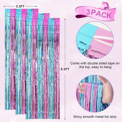 Voircoloria 3 Pack 3.3x8.2 Feet Gold Foil Fringe Backdrop Curtains, Tinsel Streamers, Fringe Backdrop for 2025 New Years Eve, Graduation, Birthday, Baby Shower, Gender Reveal, Disco Party - Colors B