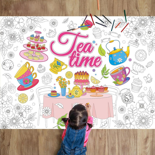 Naozinebi Tea Party Coloring Poster for Kids Spring Giant Coloring Poster Large Flower Tea Time Tablecloth Jumbo Books for Classroom Home Birthday Party Supplies Favor