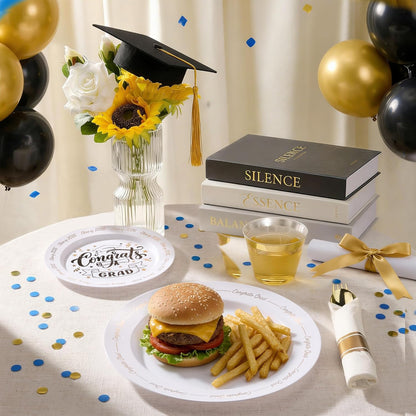 Goodluck 350 Piece Silver Plastic Dinnerware Set for 50 Guests, Fancy Disposable Plates for Party, Include: 50 Dinner Plates, 50 Dessert Plates, 50 Pre Rolled Napkins with Silver Silverware, 50 Cups