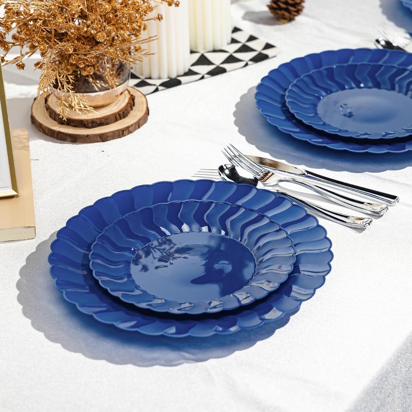 Lullaby 60PCS Ivory Scalloped Plastic Plates with Gold Rim, Disposable Elegant Plates Include 30pcs Dinner Plate 10.25", 30pcs Plastic Dessert Plate 7.5", Perfect for Wedding and Party