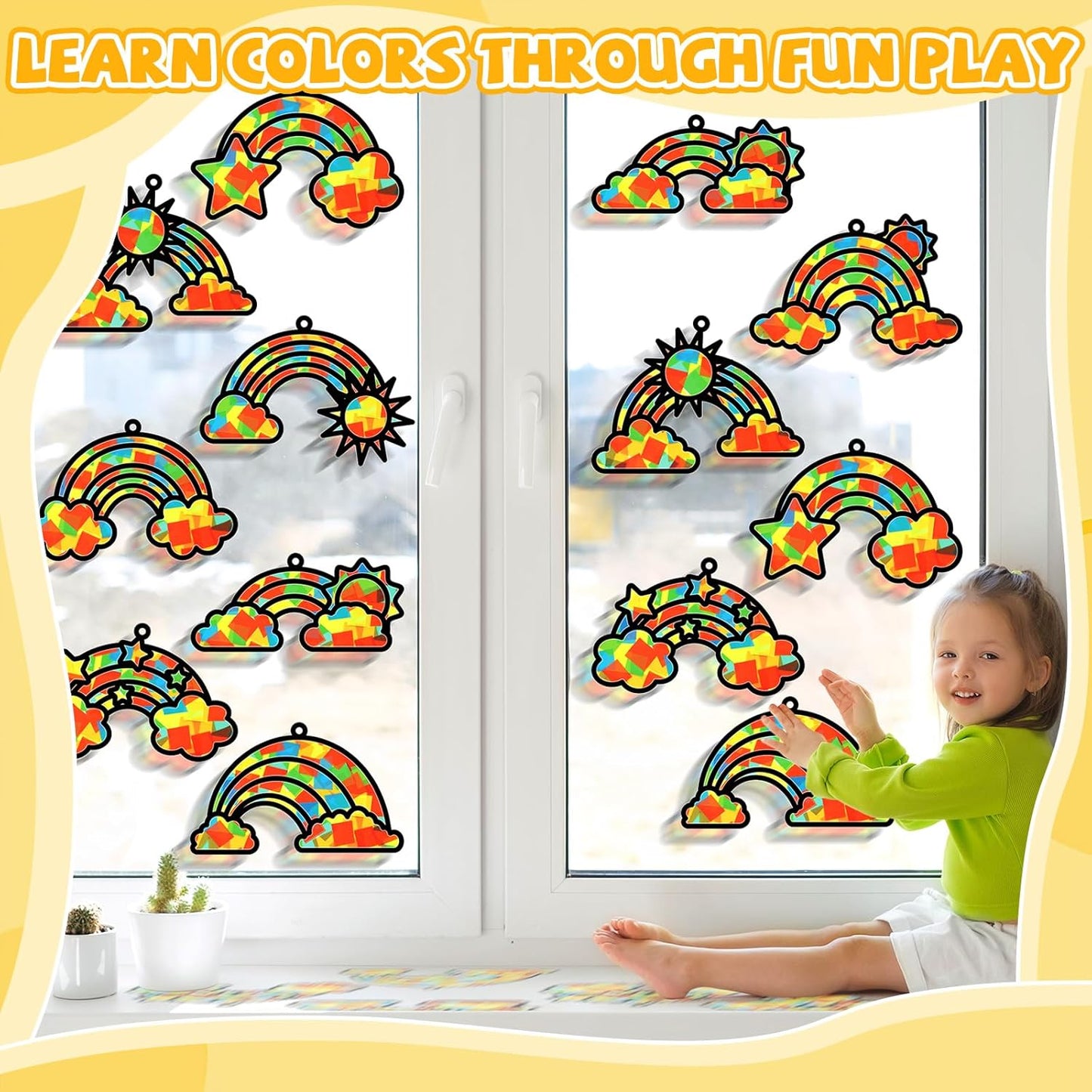 QOUBAI 32 Sets Stars Suncatchers Craft Back to School DIY Stained Glass Window Patriotic 4th of July Paper Craft Home School Classroom Decor Kid Birthday Gift Creative Art Activity Game - Colors B