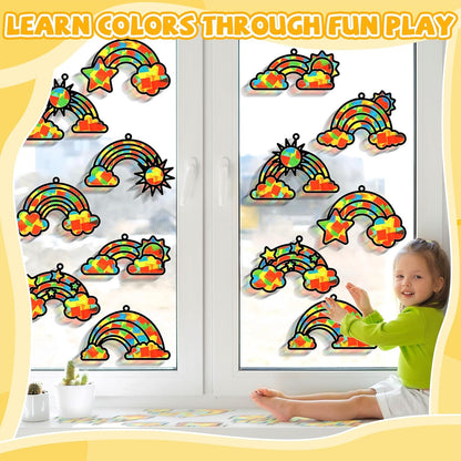 QOUBAI 32 Sets Stars Suncatchers Craft Back to School DIY Stained Glass Window Patriotic 4th of July Paper Craft Home School Classroom Decor Kid Birthday Gift Creative Art Activity Game - Colors B