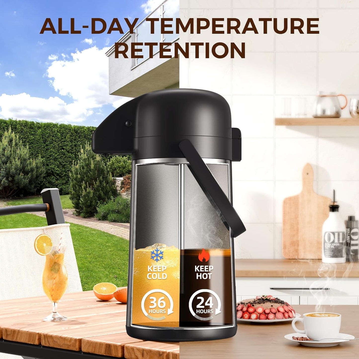 Coffee Carafe for Keeping Hot - Gezoss 102OZ / 3L Airpot Coffee Dispenser with Pump - Large Coffee Carafe for Hot Drinks Tea Liquid - Insulated Stainless Steel Hot Water Beverage Urn for Parties