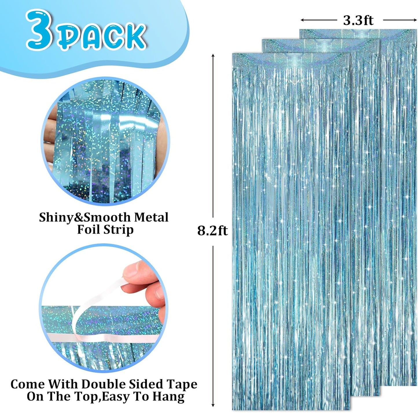 Voircoloria 3 Pack 3.3x8.2 Feet Gold Foil Fringe Backdrop Curtains, Tinsel Streamers, Fringe Backdrop for 2025 New Years Eve, Graduation, Birthday, Baby Shower, Gender Reveal, Disco Party - Colors B