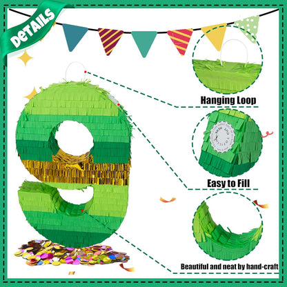 PCFING 20 Inch Number 1 Piñata Green Gold with 30 Inch Piñata Stick Blindfold Confetti for Boy Girl Adults Birthday Party Decorations, Anniversary Celebration, Fiesta