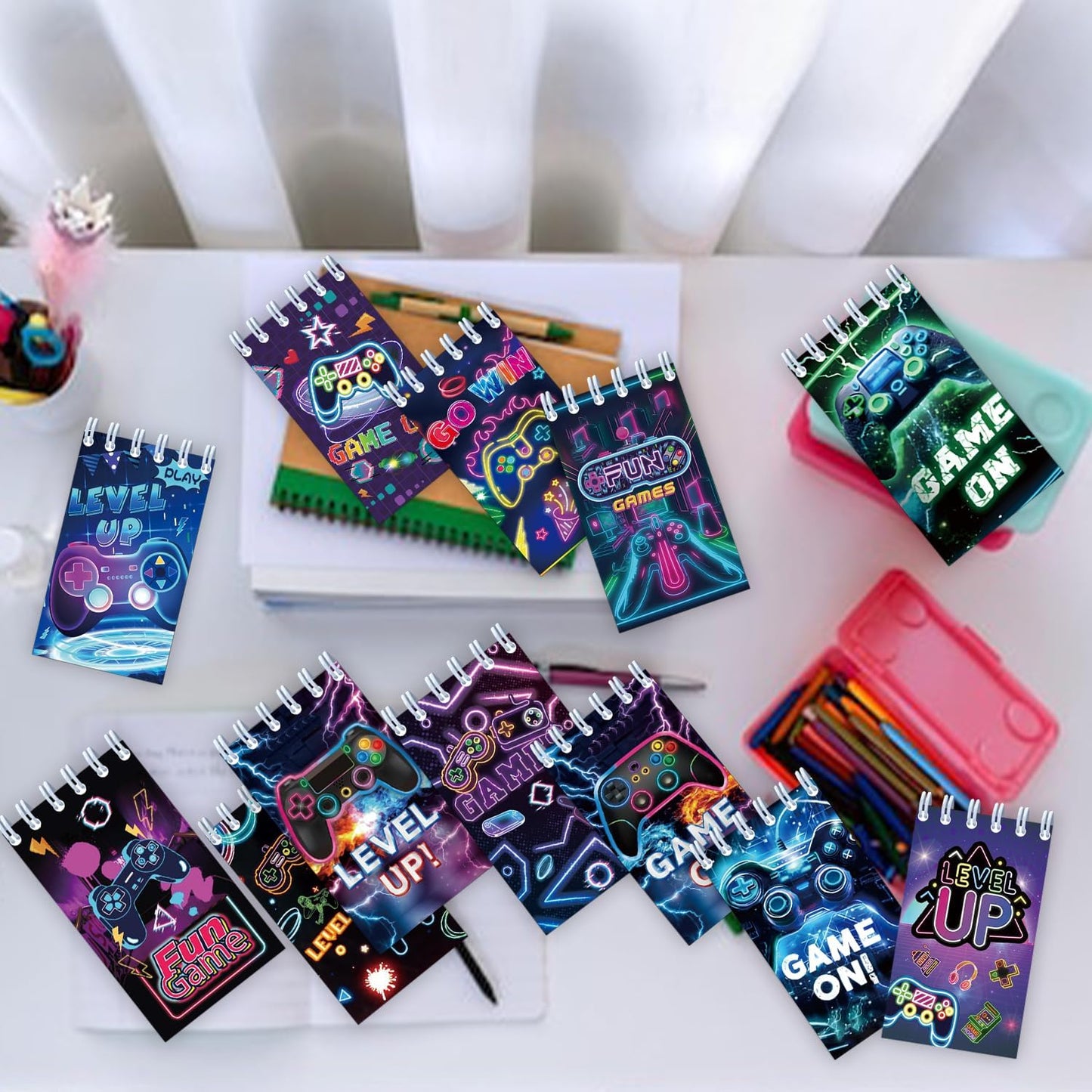 24 PCS Neon Video Games Mini Spiral Notepads Game on Party Gift Stuffer Supplies Gamer Party Decorations Gaming Small Notebooks for Neon Video Gaming Birthday Party Favors