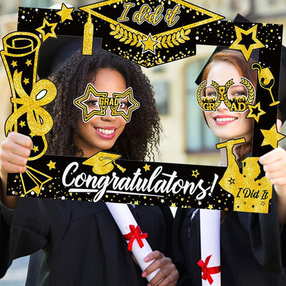 2026 Graduation Photo Booth Props & Selfie Frame Set, 30Pcs Black Gold Congrats Grad Party Photo Props with 1Pc Selfie Frame for Class of 2026 Graduation Decorations Party Supplies Gifts